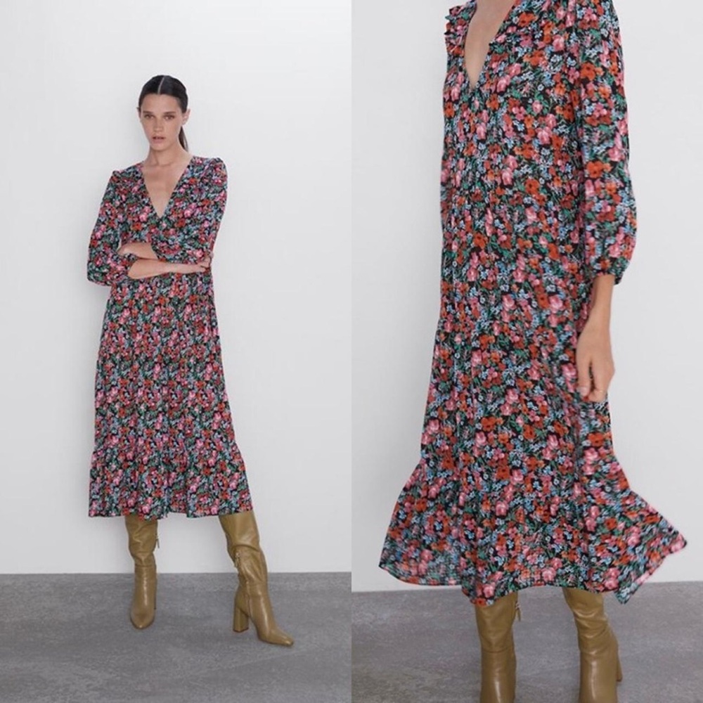 Zara Black Multi Floral V‑Neck Puff Sleeve Maxi Dress